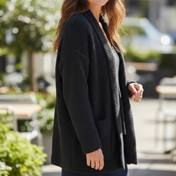 Marine Layer Black Birdseye Open Front Cotton Cardigan Sweater - Picture 1 of 8